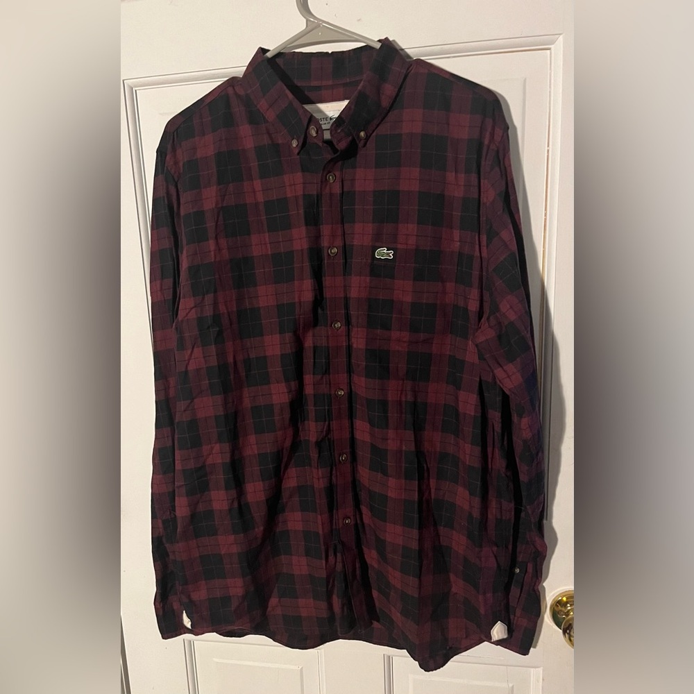 Lacoste Men's Maroon and Black Plaid Button Shirt Size Large - Picture 2 of 12
